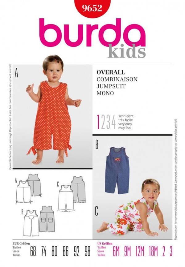 Burda Sewing Pattern 9652 Dungarees and Jumpsuits For Babies, Ages: 6 Months-3 Years - Easy