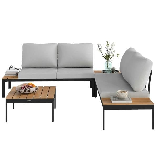 Wyld Haus Matuki Wood Teak 4 Seater Garden Corner Sofa Set With 2 Coffee Tables