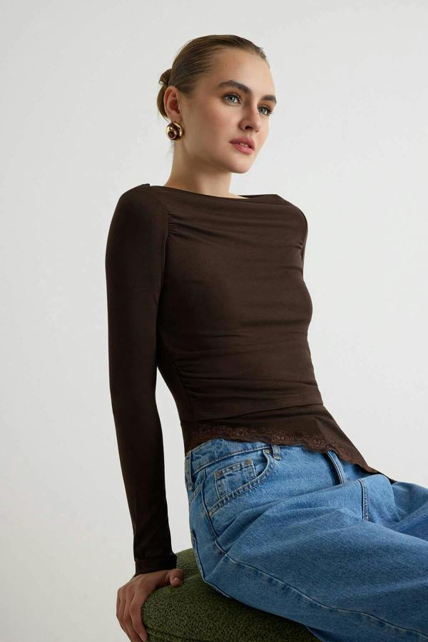 WOVCOR Fitted Boat Neck Long Sleeve Lace Detail Ribbed Blouse