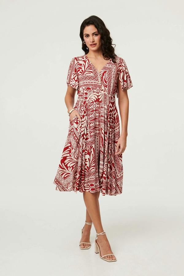 Red | Abstract Print Angel Sleeve Midi Dress