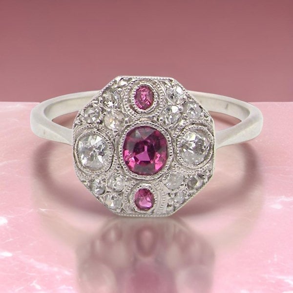 Vintage Tom A fine Art Deco Ruby and Diamond ring