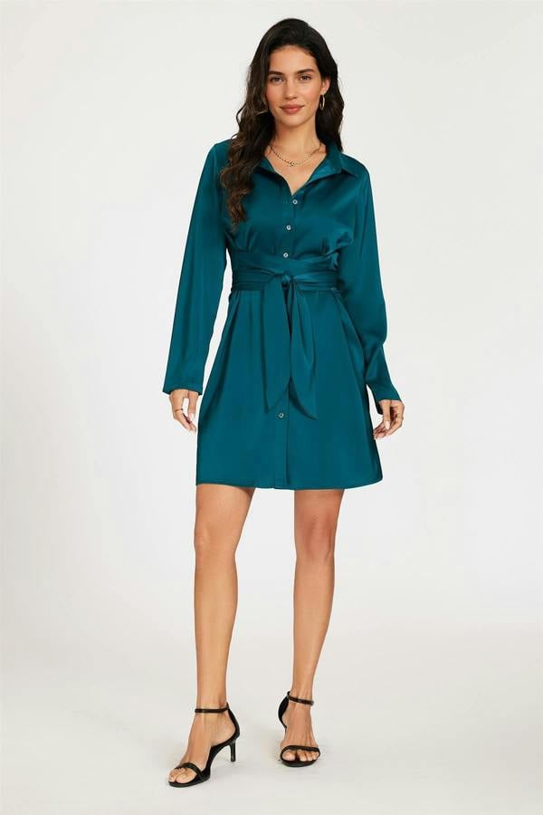 FS Collection Satin Wrap Tie Mini Shirt Dress In Teal