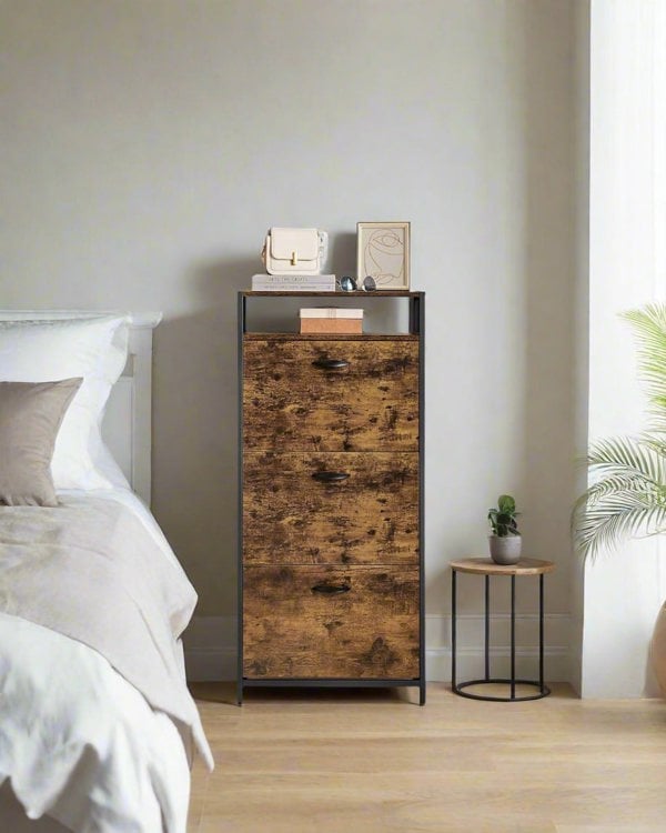 Modcraft Slim Rustic Brown & Black Shoe Cabinet with 3 Fold-Out Doors - Industrial Style