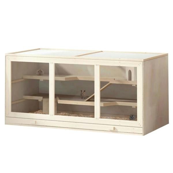 Small animal wooden hamster cage hutch with open front windows and multi-level interior