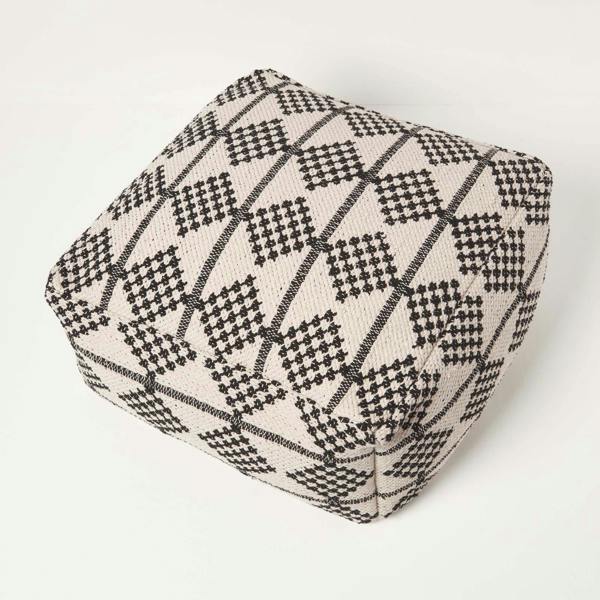 HOMESCAPES Adana Handwoven Textured Natural & Black Pouffe Bean Cube