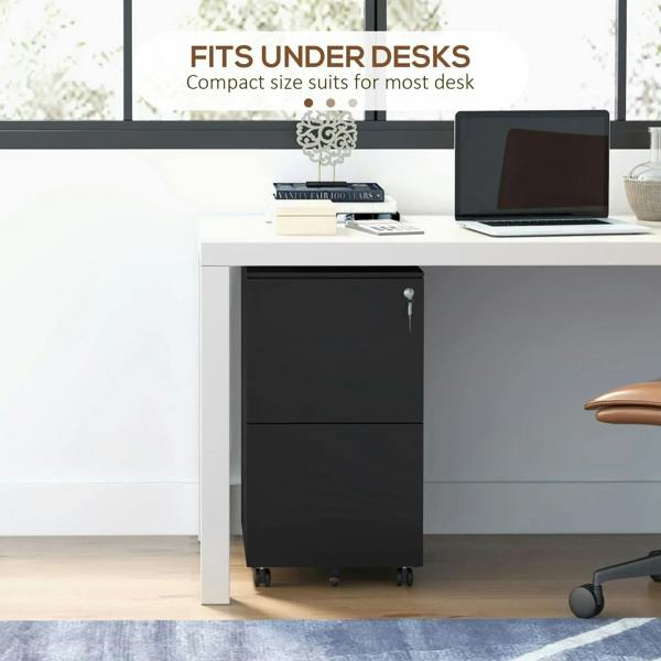 Black 2-drawer filing cabinet fitting under a desk on caster wheels