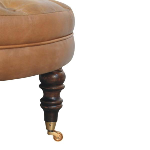 Artisan Furniture Solid Wood Brown Buffalo Leather Round Ottoman with Castor Legs