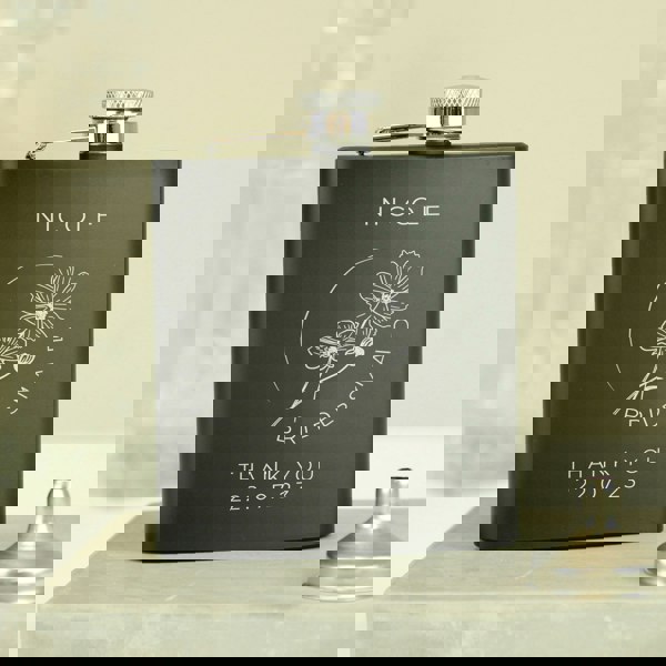 Personalised Memento Company Personalised Monochrome Floral Wedding Party Black Hip Flask