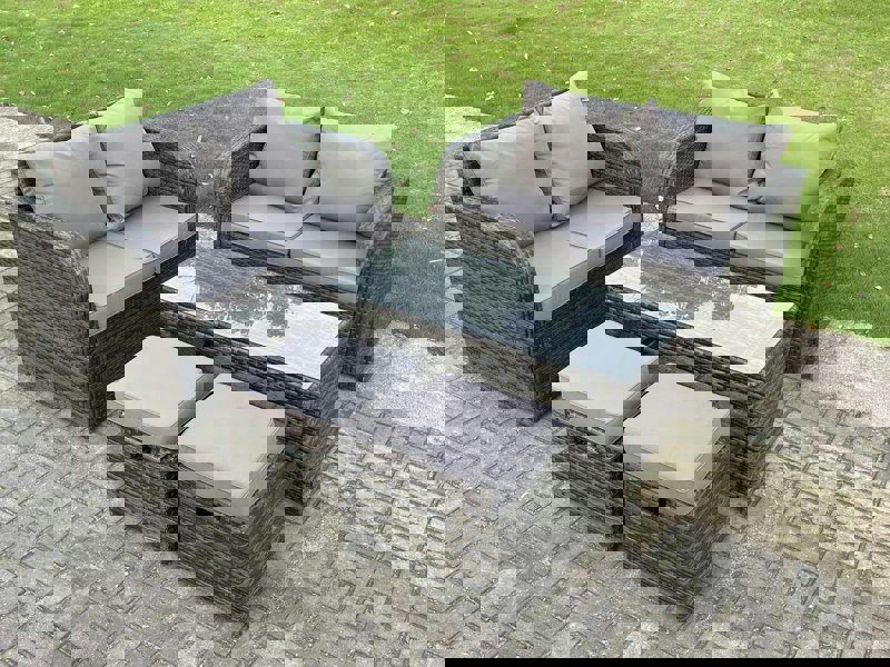 Fimous Dark Grey PE Wicker Rattan Garden Furniture Set Love Sofa 2 Seater Sofa Set Outdoor Rectangular Coffee Table 6 Seater