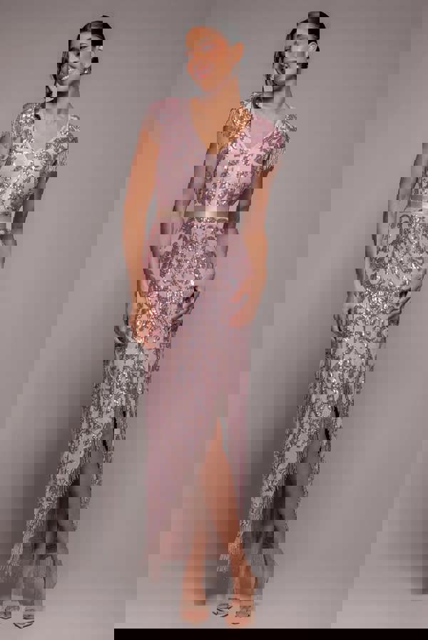 Embroidered Sequin Tassel Front Split Midaxi Dress - Blush Pink DR4590