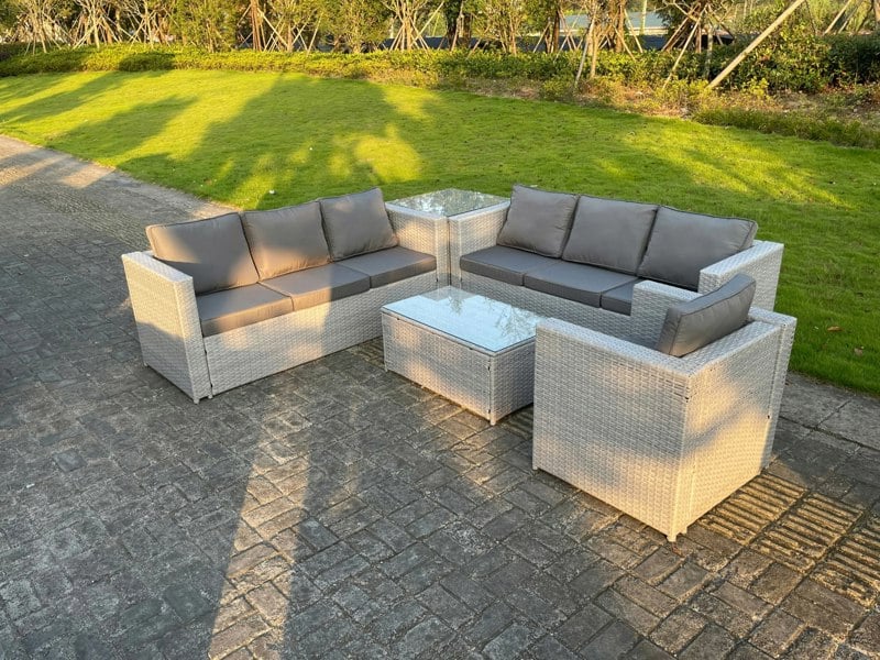 Fimous Light Grey Outdoor Rattan Garden Furniture Set Corner Sofa Set Oblong Square Coffee Table Armchair