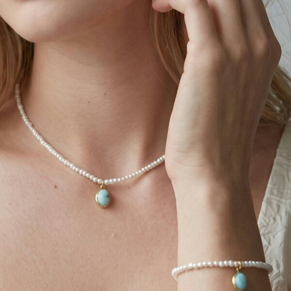 Uchi & Soto Shinju Pearl and Larimar Stone Pendant Bracelet