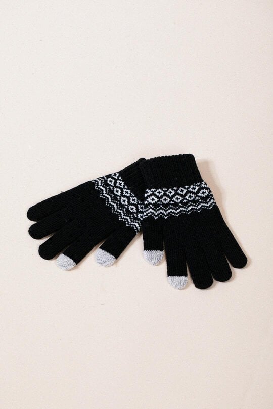 SVNX Pom Pom Beanie Hat & Nordic Knit Gloves Set in Black