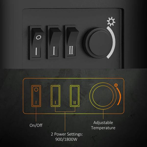 Black control panel on an electric fireplace heater with power buttons and temperature dial