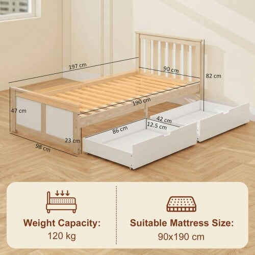 HOMCOM Storage Bed with 2 Drawers, Headboard, Wood Slat Support, Natural