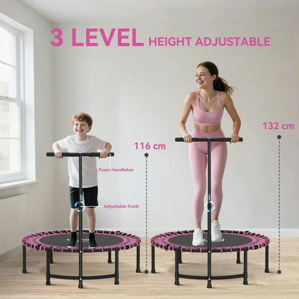 Pink mini trampoline with adjustable height handle, showing three height positions