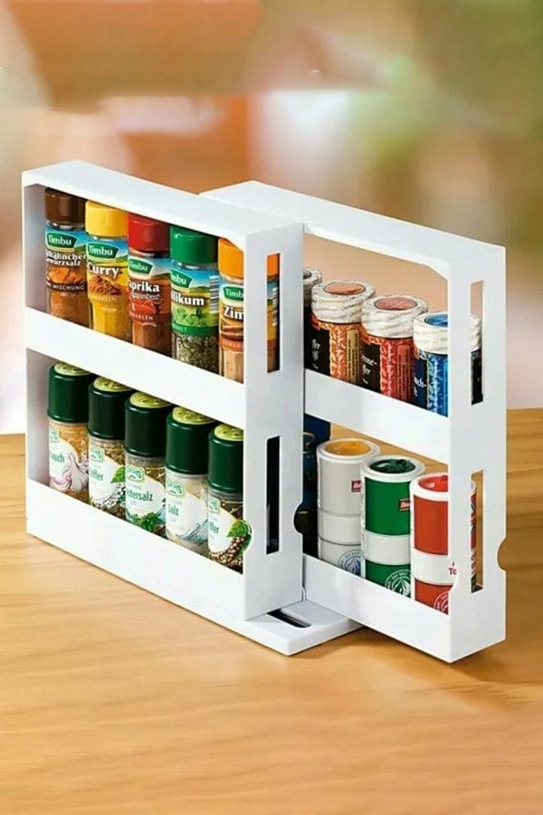 Living and Home 2-Tier&2-Row Rotating Jars Spice Rack Kitchen Storage Holder Shelf Cabinet Organizer
