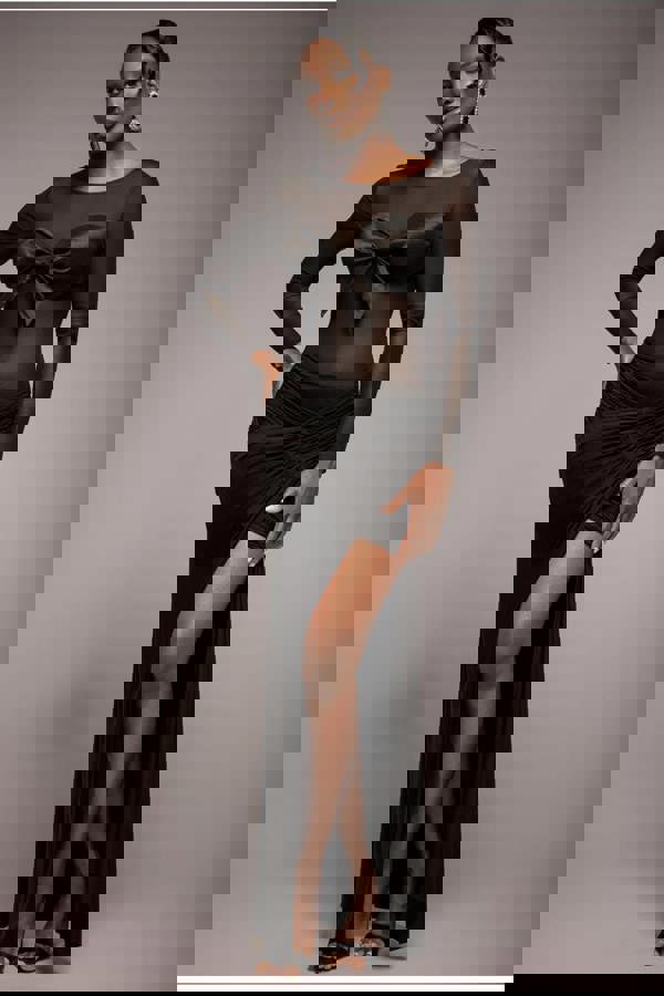 Asymmetric Gathered Front Split Maxi Skirt - Black SK62