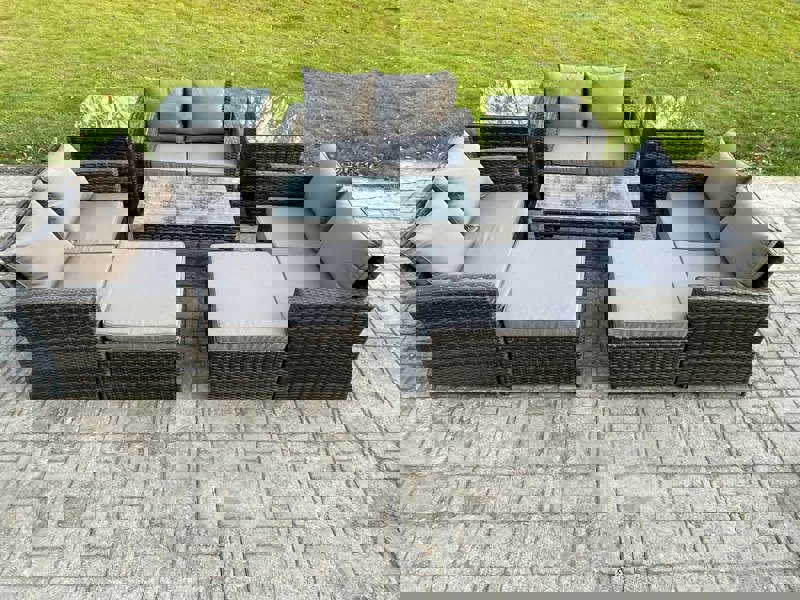 Fimous Outdoor U Shape Sofa Set Wicker PE Rattan Garden Furniture Set with Coffee Table Double Seat Sofa 2 Big Footstool 2 Side Tables Dark Grey Mixed