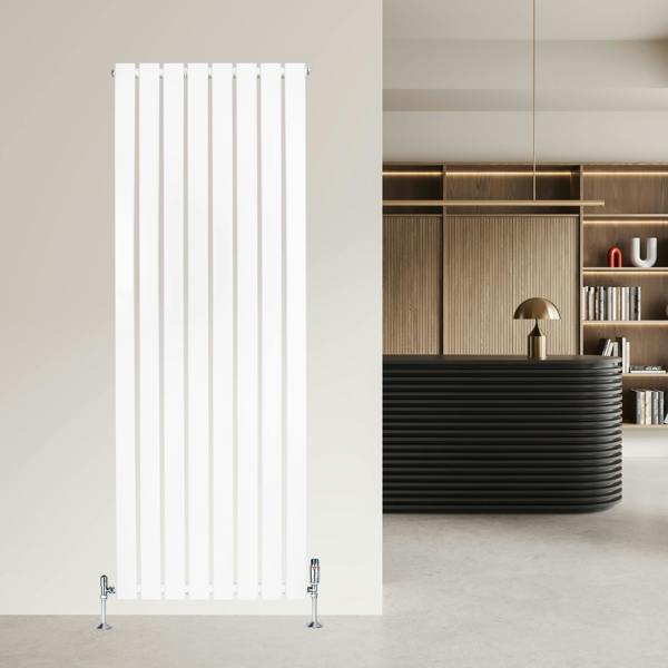 Sleek white flat single column radiator, 1600 x 560mm, featuring vertical bars and a modern design, installed against a neutral wall