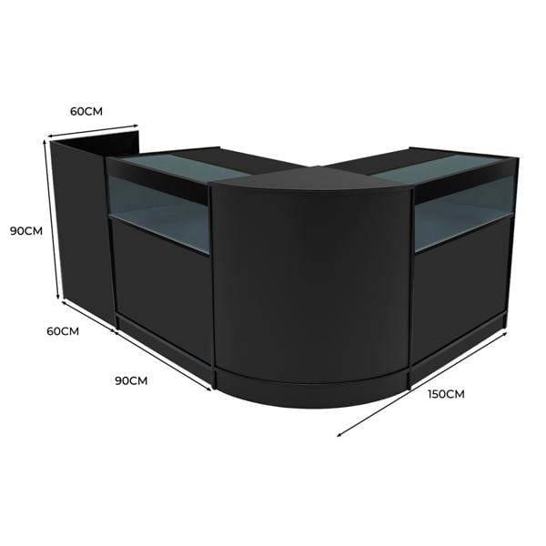 Luna LED Shop Counter Set in sleek black, featuring curved design, glass display sections, and dimensions of 60x90x150 cm