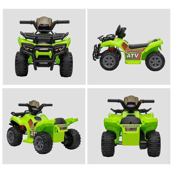Green kids electric quad bike toy shown from multiple angles with black front guard and seat