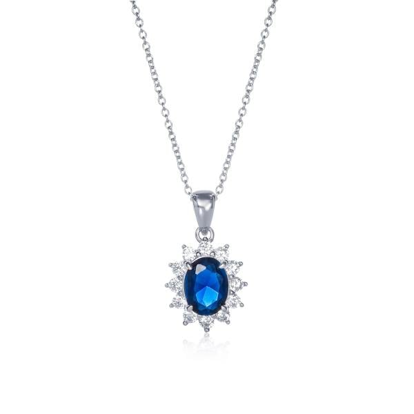 namana 925 Sterling Silver Blue Cubic Zirconia Oval Halo Pendant Necklace