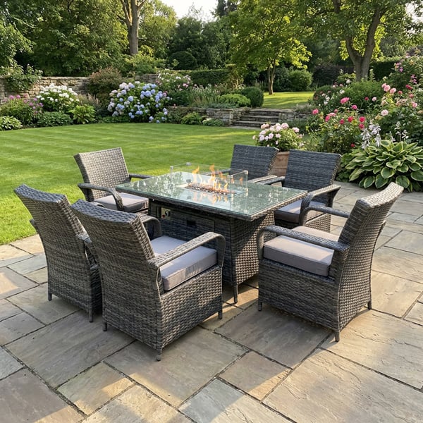 Fimous 6 Seater Rattan Garden Furniture Set with Gas Fire Pit Dining Table and 6 Dining Chairs - Grey