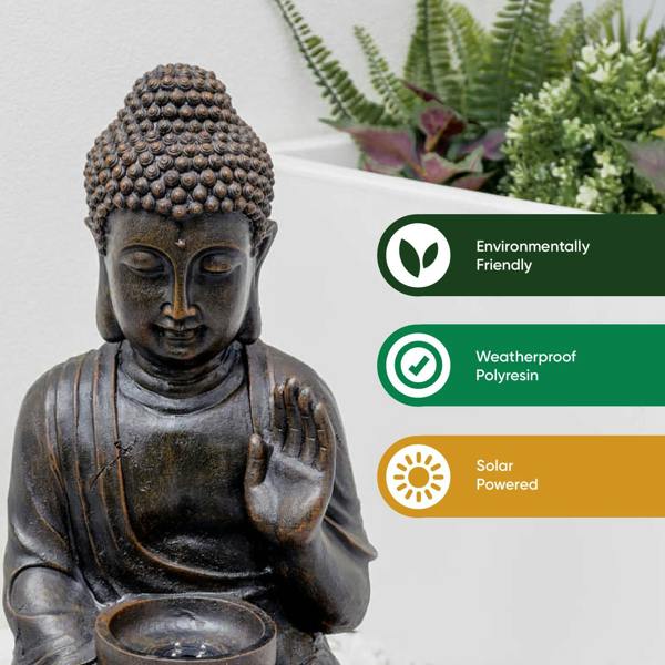 Gardenwize Solar Powered Meditating Buddha with Bowl Water Feature, LED Light & Battery Backup