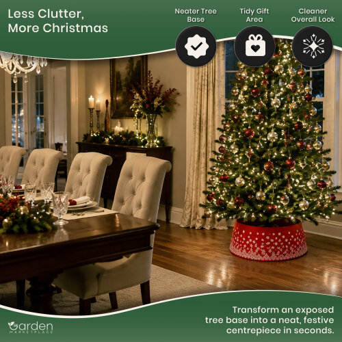 Pop Up Christmas Tree Skirt Collar in Red Snowy Pattern Fabric, Sprung Steel Frame Stand Cover, Fits 1.5–2.1m Trees, 56cm Diameter x 25cm High