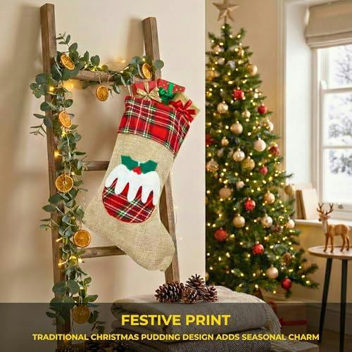 Large Christmas Stocking 45cm Brown Hessian Pudding Print Hanging Sack Sock image 6