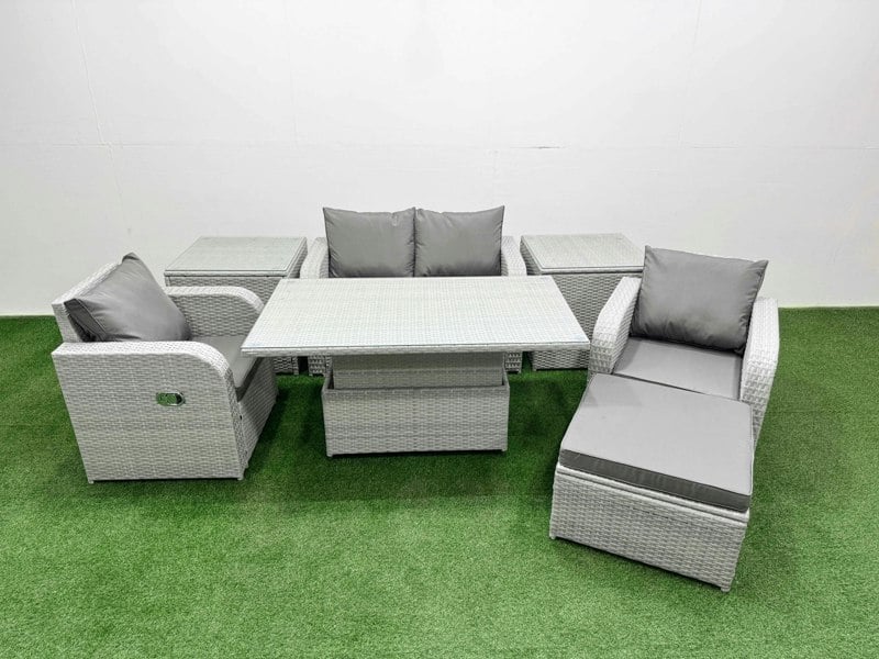 Fimous 5-Seater Light Grey PE Rattan Sofa Set | Reclining Chair, Adjustable Dining/Coffee Table, Footstool, 2 Side Tables