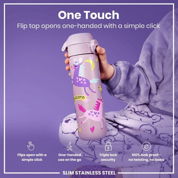 A purple, unicorn-decorated water bottle is held; its flip top opens one-handed. The bottle is slim, stainless steel, leakproof, and has triple lock security.