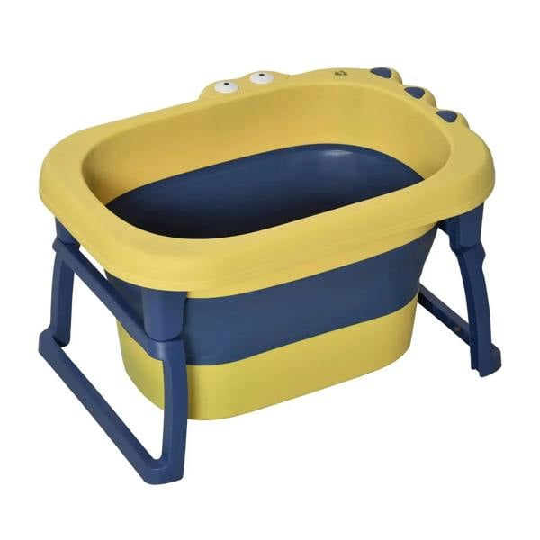 Yellow and navy foldable baby bathtub with standing legs and non-slip stool seat