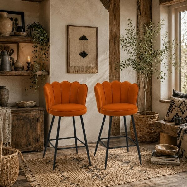 Wyld Haus Nivi Set Of 2 Orange Velvet Upholstered Lotus Design Bar Stools
