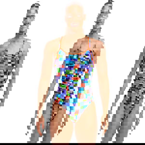 Funkita Chip Set Diamond Back swimsuit in blue multi with geometric pattern