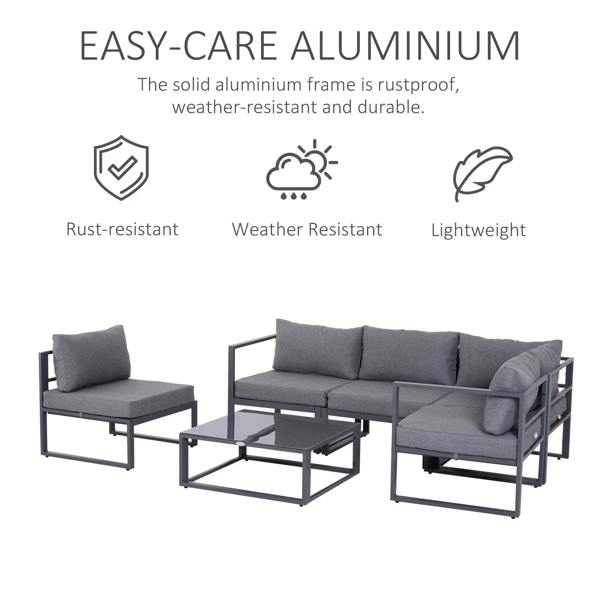Grey outdoor sectional sofa set with aluminum frame, padded seats, and coffee table