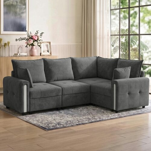 HOMCOM 228cm L Shaped Sofa 3-Seater Sectional Sofa with Storage, Dark Grey