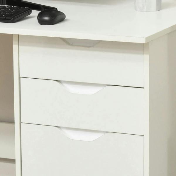 White desk front with two drawers and curved pull handles under the tabletop
