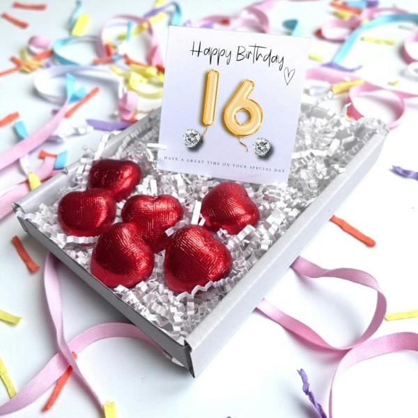 Aye Do Gifts 16th Birthday Cubic Zirconia Silver Earrings & Gold Balloons Mini Gift Hamper