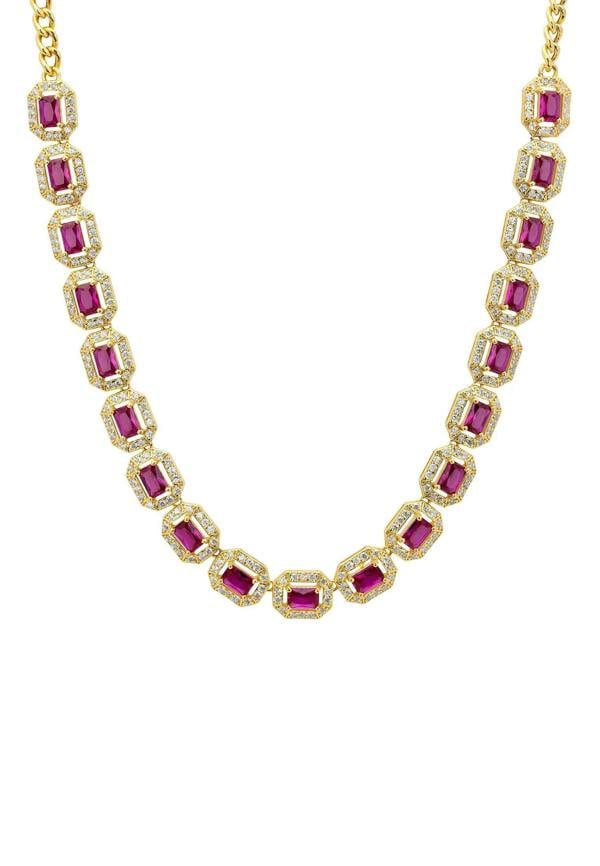 Close-up of the gold and diamond halo rubies.