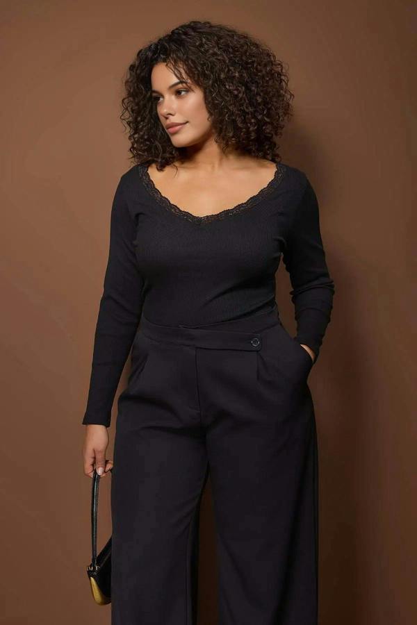 WOVCOR V-Neck Lace Detail Ribbed Fitted Cotton Stretch Knit Blouse