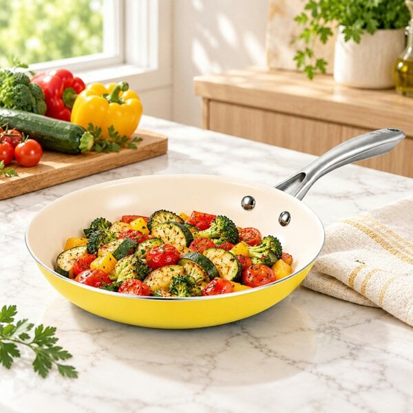 Gr8 Home 12 Pcs Ceramic Non Stick Induction Cookware Set Yellow Pots & Pans Lids Utensils