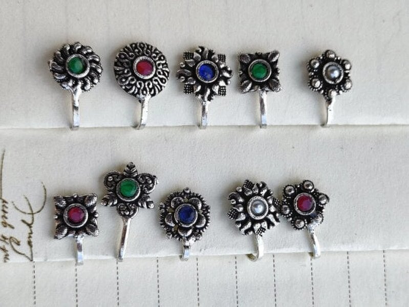 The Colourful Aura German Silver Multicolour Stone Transitional Clip On Non Pierced Nose Ring