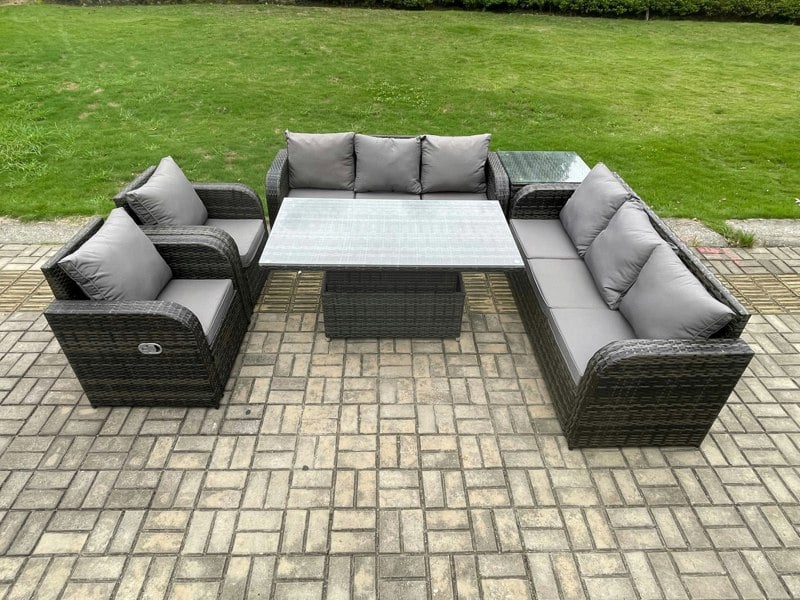 Fimous PE Rattan Outdoor Garden Furniture Sets Height Adjustable Rising lifting DiningTable Sofa Set with Reclining Chair Side Table Dark Grey Mixed