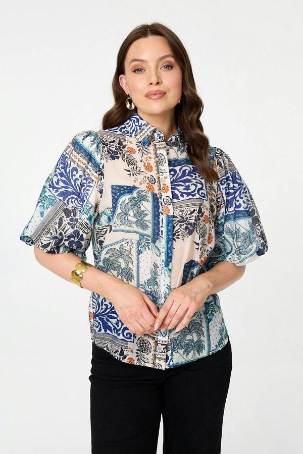 Blue | Patchwork 1/2 Puff Sleeve Boxy Shirt