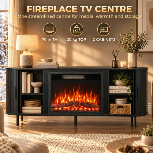 HOMCOM Electric Fireplace TV Stand for 70" TVs, 2 Storage Cupboards, Black