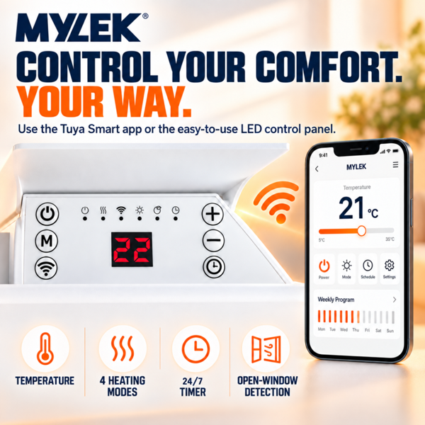 MYLEK Panel Space Heater White Low Level 1KW Eco, Smart and WiFi App Slimline Low Energy - Wall Mounted, Bathroom IPX4