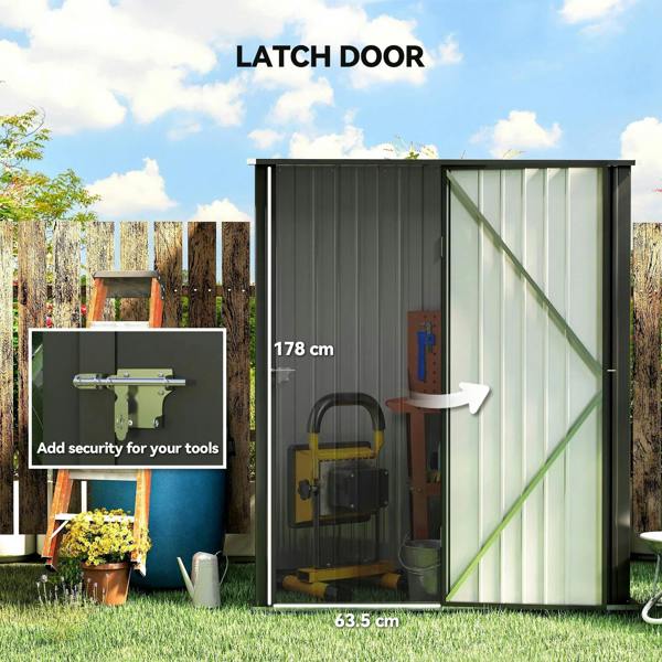 Black corrugated steel garden shed door with latch and diagonal brace