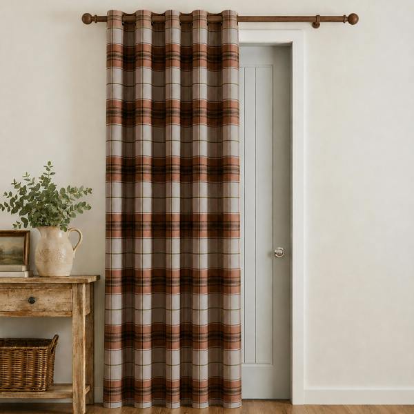 Catherine Lansfield Brushed Woven Glencoe Check Thermal Eyelet Door Panel Terracotta